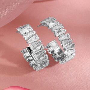Rhodium Plated Crystal Cubic Zirconia Studded Hoop Earrings - Silver