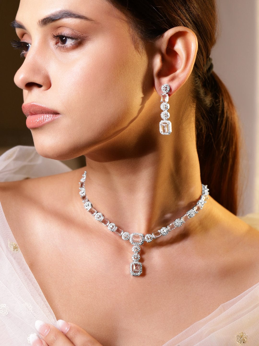 Rhodium Plated Cubic Zirconia Studded Jewellery Set - Silver