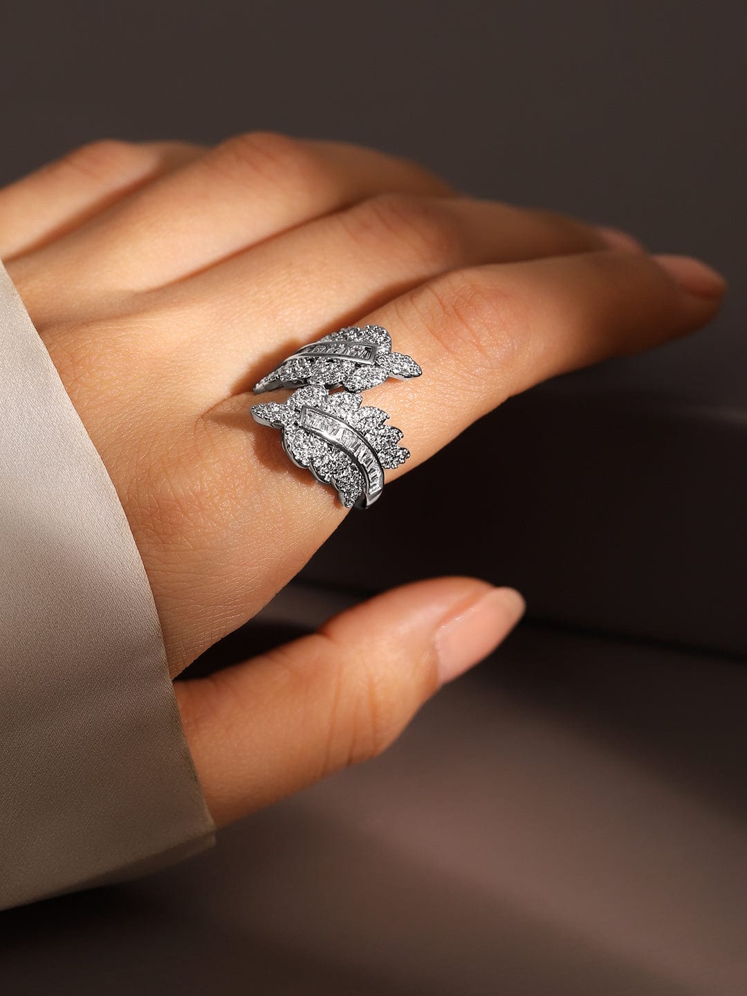 Rhodium Plated Cubic Zirconia Studded Leaf Design Adjustable Finger Ring - Silver