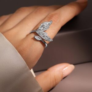 Rhodium-Plated Cubic Zirconia Studded Leaf Design Openable Adjustable Ring - Silver