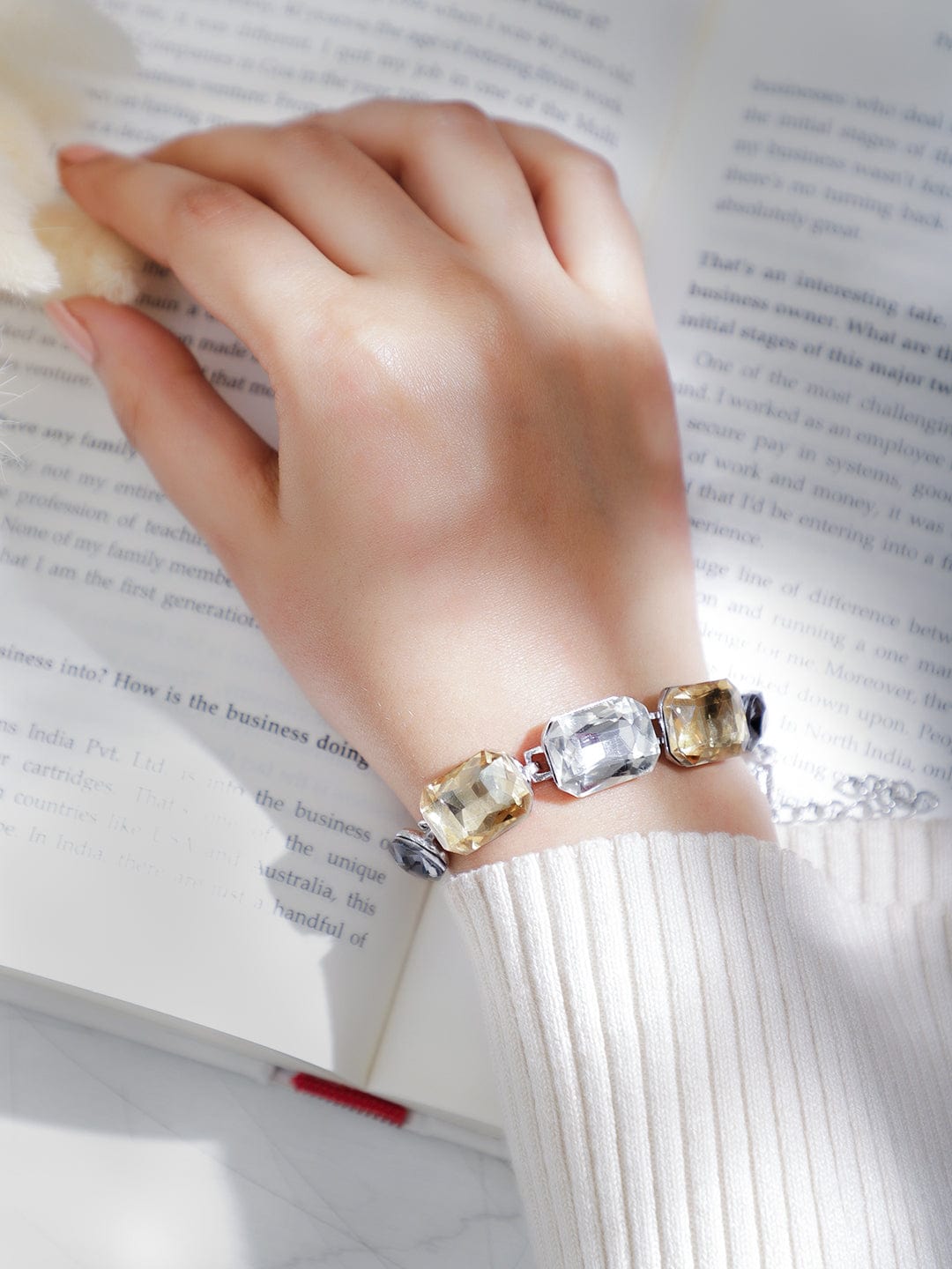 Rhodium Plated Cubic Zirconia Studded Multi-Colored Statement Bracelet - Silver