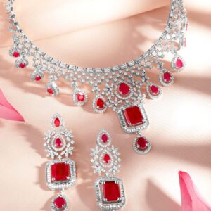 Rhodium-Plated Cubic Zirconia Studded Necklace and Earrings - Silver