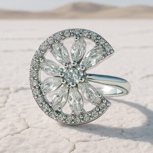 Rhodium-Plated Cubic Zirconia Studded Openable Adjustable Floral Ring - Silver