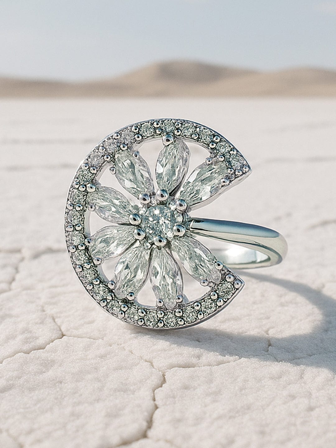 Rhodium-Plated Cubic Zirconia Studded Openable Adjustable Floral Ring - Silver