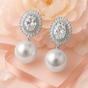 Rhodium-Plated Cubic Zirconia Studded Pearl Drop Oval Frame Earrings - Silver
