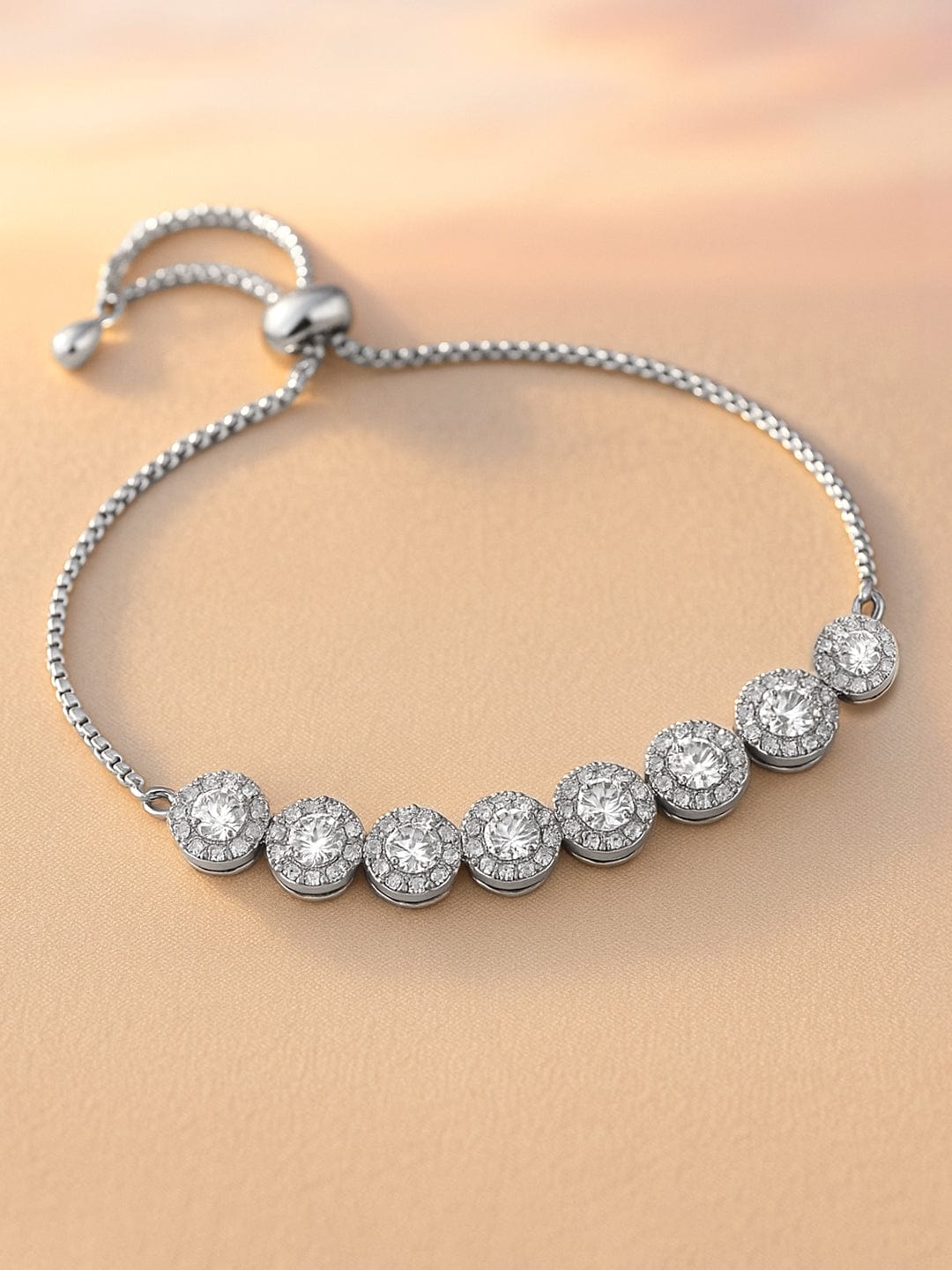 Rhodium Plated Cubic Zirconia Studded Premium Adjustable Bracelet - Silver