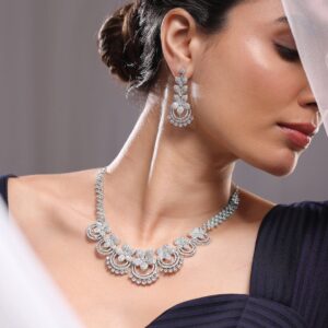 Rhodium-Plated Cubic Zirconia Studded Premium Floral Jewellery Set
