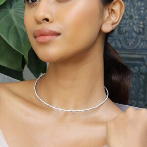 Rhodium-Plated Cubic Zirconia Studded Premium Glamorous Statement Choker - Silver