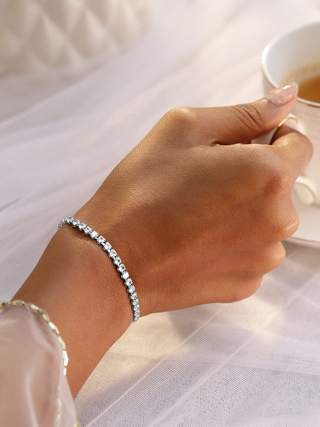 Rhodium-Plated Cubic Zirconia Studded Premium Tennis Bracelet - Silver