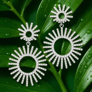 Rhodium-Plated Cubic Zirconia Studded Radiant Sunburst Design Drop Earrings