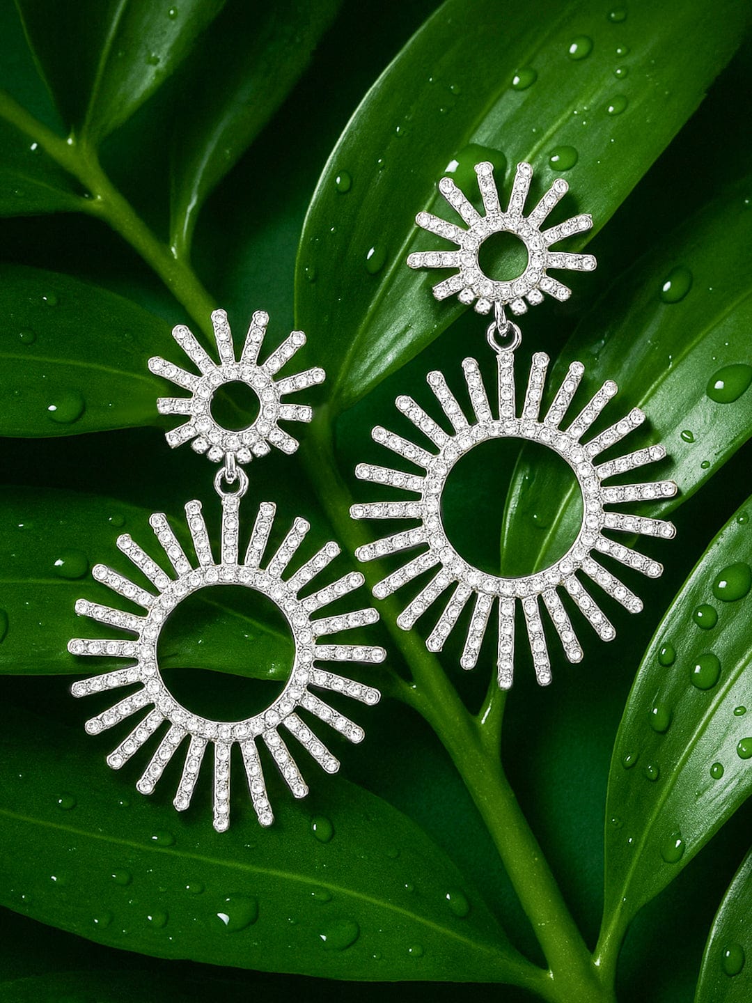 Rhodium-Plated Cubic Zirconia Studded Radiant Sunburst Design Drop Earrings