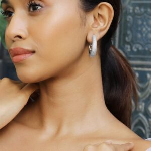 Rhodium-Plated Cubic Zirconia Studded Sleek Hoop Earrings - Silver
