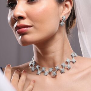 Rhodium-Plated Cubic Zirconia Studded Snowflake Necklace & Earrings Set