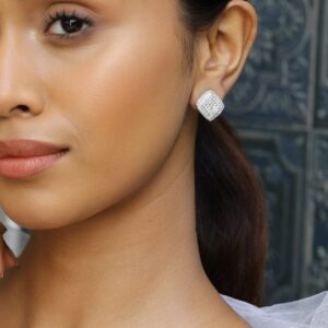 Rhodium-Plated Cubic Zirconia Studded Square Stud Earrings