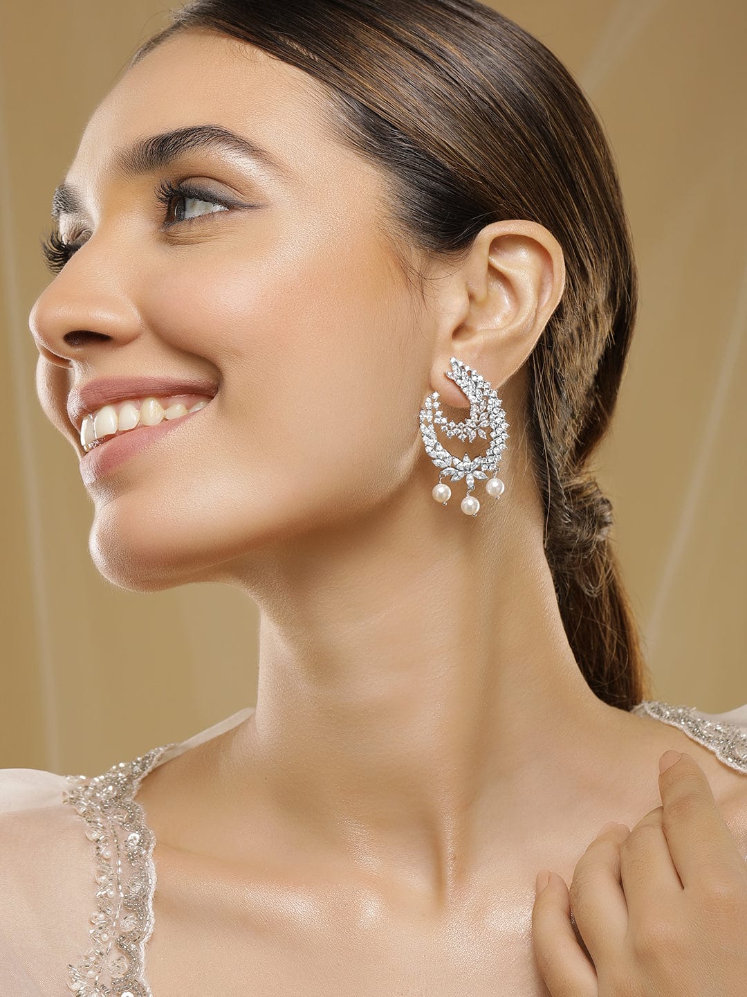 Rhodium-Plated Cubic Zirconia Studded Statement Crescent Earrings with Pearl Drops