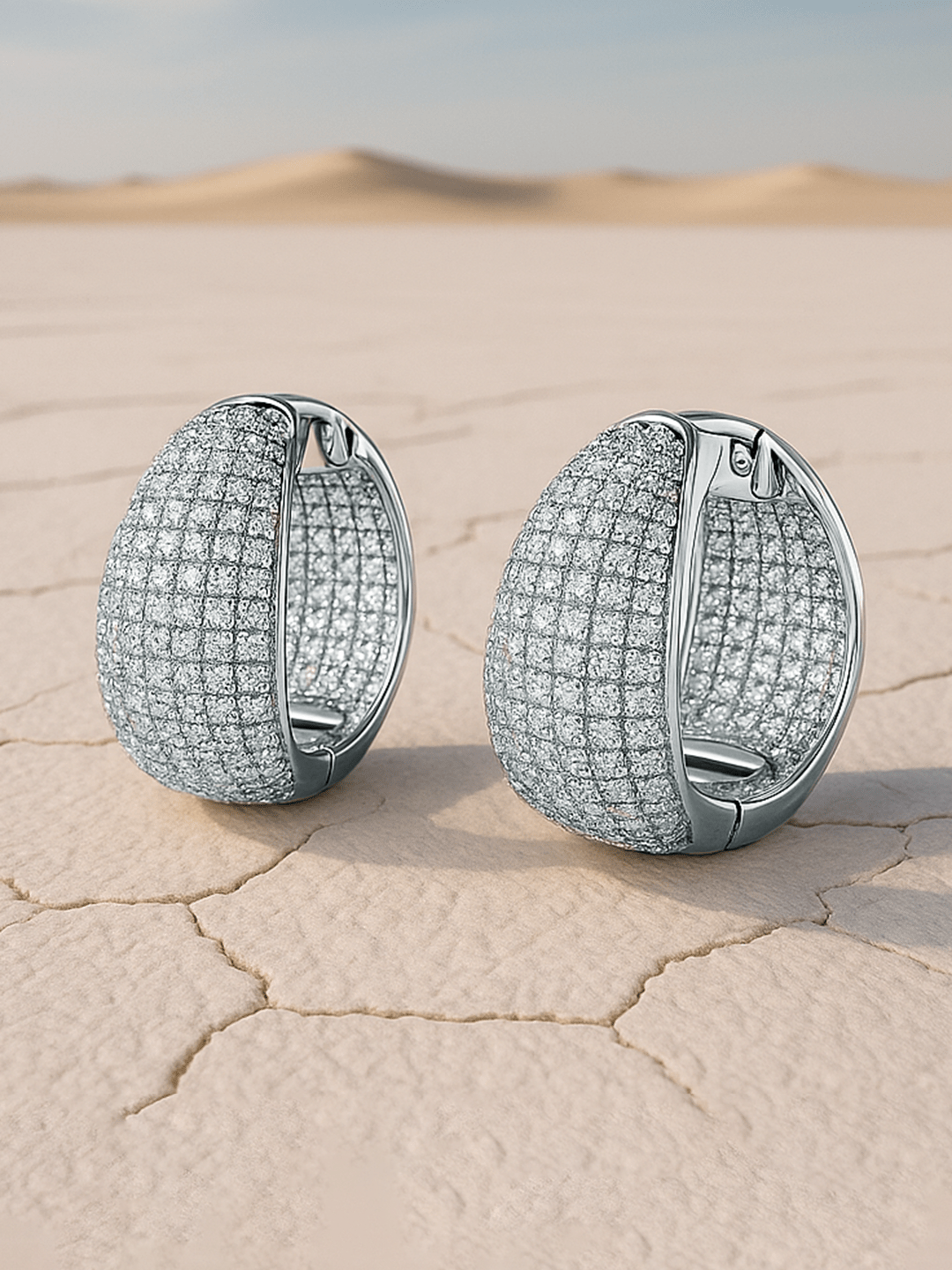 Rhodium-Plated Cubic Zirconia Studded Statement Hoop Earrings - Silver