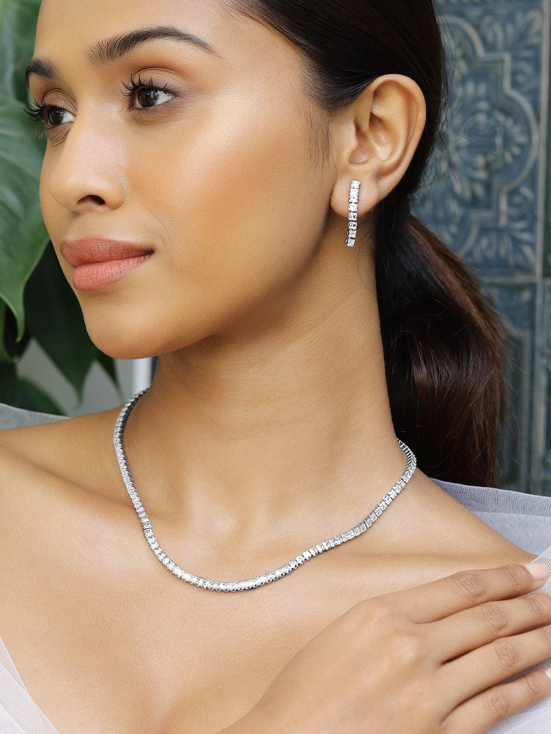 Rhodium-Plated Cubic Zirconia Studded Statement Necklace Set