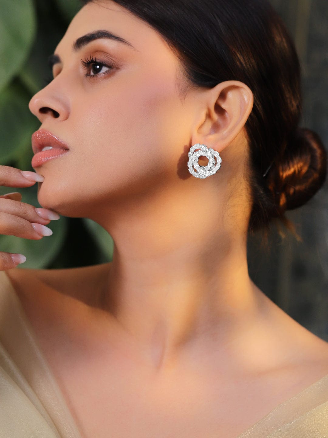 Rhodium Plated Cubic Zirconia Stone Studded Circular Shaped Studs