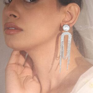 Rhodium Plated Cubic Zirconia Studded Tassel Drop Earrings - Silver
