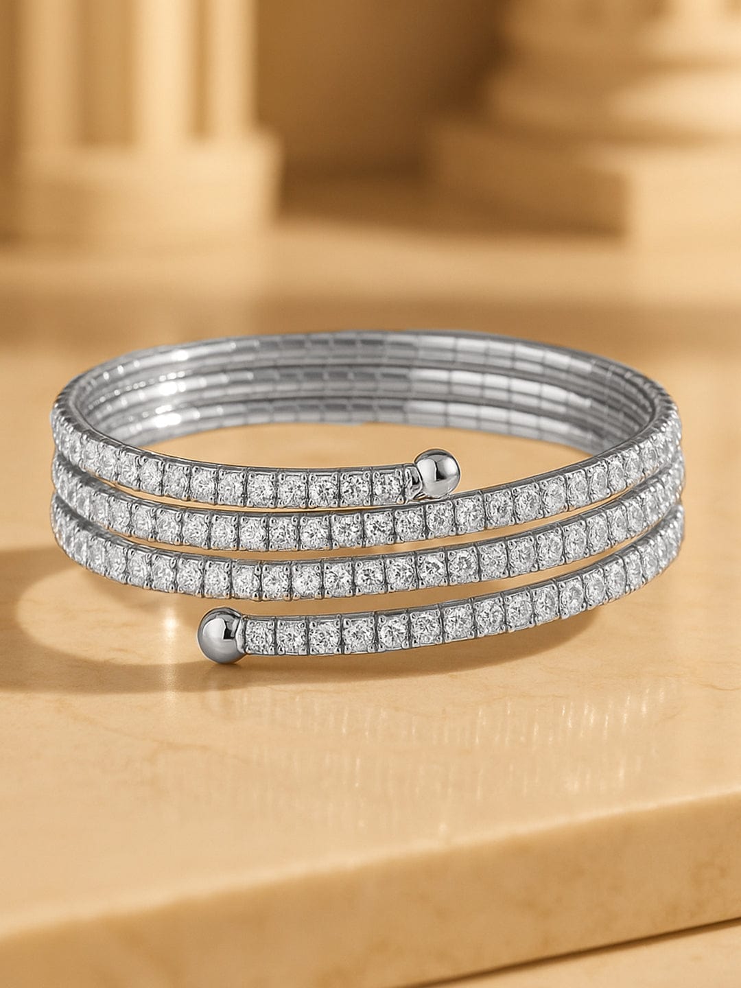 Rhodium-Plated Cubic Zirconia Studded Triple Line Bangle Style Bracelet - Silver