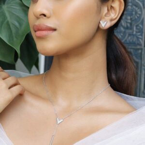 Rhodium-Plated Cubic Zirconia Studded V-Shaped Pendant Necklace Set