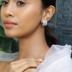 Rhodium-Plated Cubic Zirconia Studded Wide Hoop Earrings - Silver