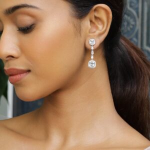 Rhodium-Plated Cushion-Cut Cubic Zirconia Studded Drop Earrings – Elegant Sparkle - Silver