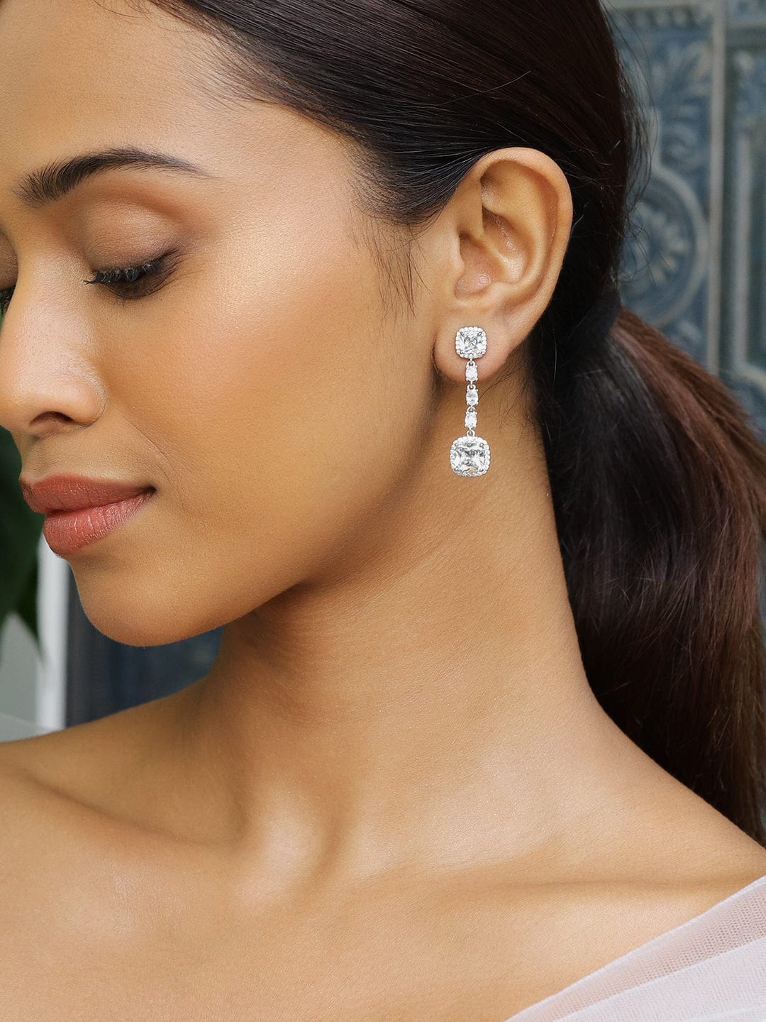Rhodium-Plated Cushion-Cut Cubic Zirconia Studded Drop Earrings – Elegant Sparkle - Silver
