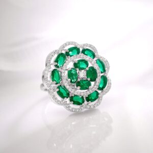 Rhodium-Plated Emerald Green and CZ-Studded Floral Adjustable Finger Ring - Green