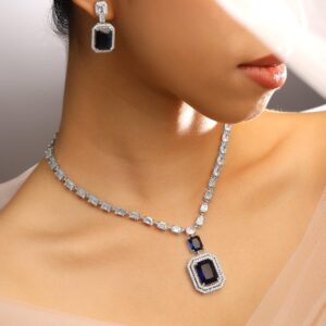 Rhodium-Plated Dark Blue Sapphire & White Cubic Zirconia Premium Jewellery Set - Blue