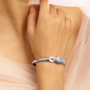 Rhodium-Plated Demi-Fine Openable Panther Head Cubic Zirconia Studded Bracelet - Silver