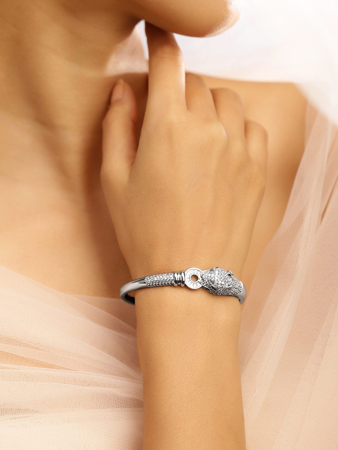 Rhodium-Plated Demi-Fine Openable Panther Head Cubic Zirconia Studded Bracelet - Silver