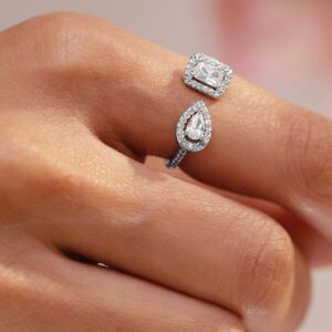 Rhodium-Plated Dual Stone Adjustable Ring with Cubic Zirconia Detailing