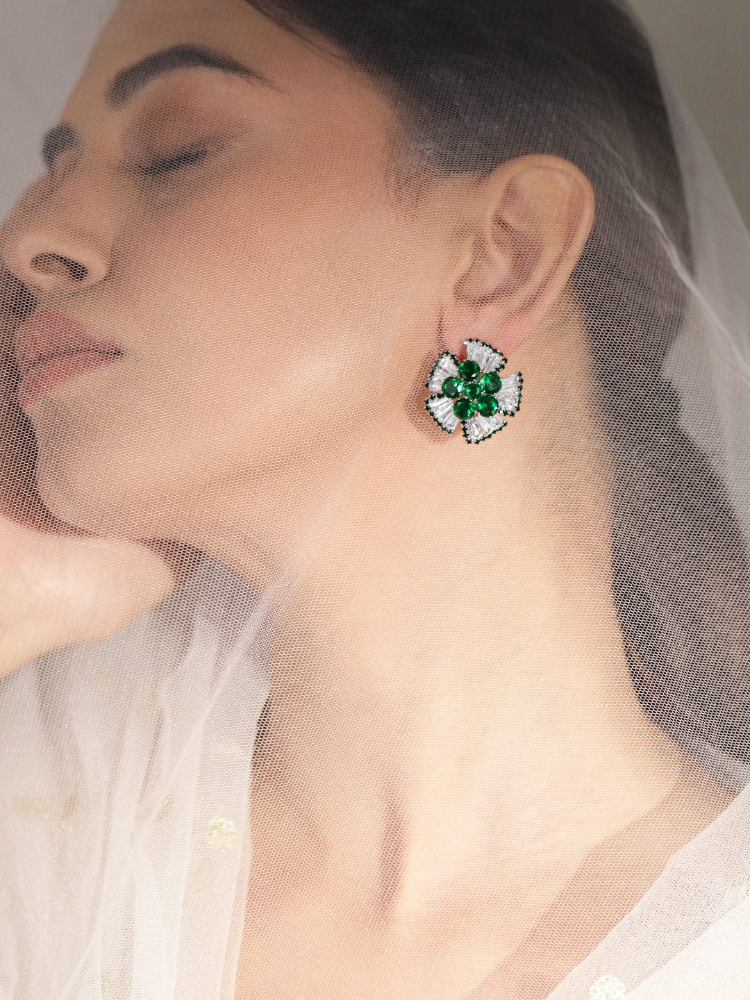 Rhodium-Plated Emerald and Crystal Floral Stud Earrings - Gold