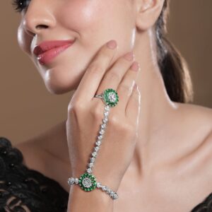 Rhodium-Plated Emerald & Cubic Zirconia Hand Harness Ring Bracelet - Silver