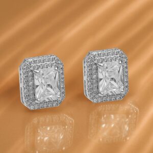 Rhodium-Plated Emerald-Cut Cubic Zirconia Minimal Sparkle Stud Earrings