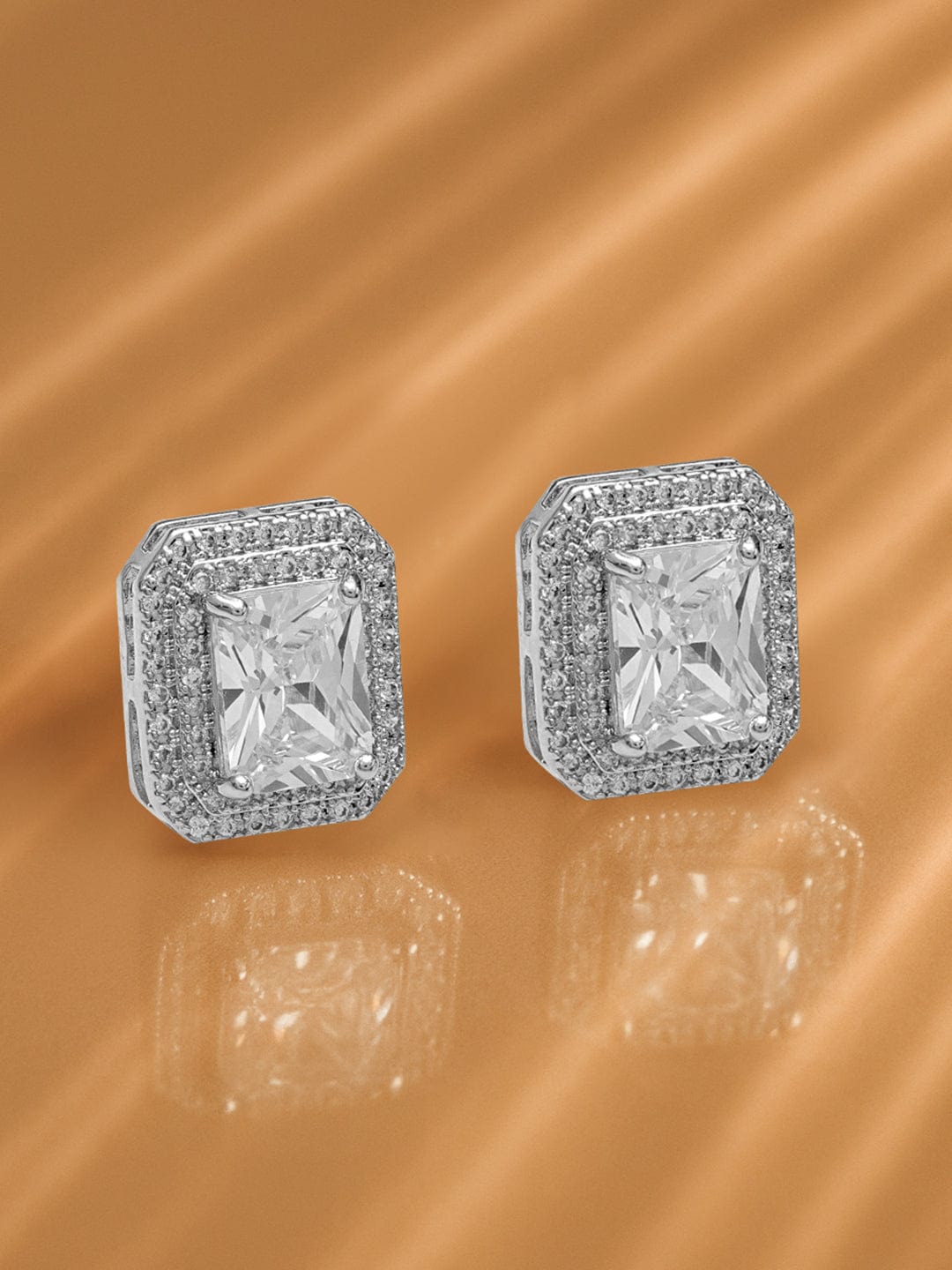 Rhodium-Plated Emerald-Cut Cubic Zirconia Minimal Sparkle Stud Earrings