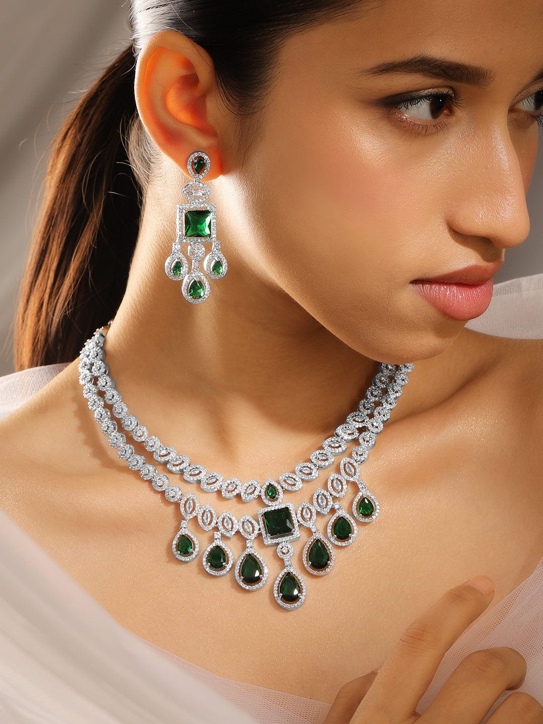 Rhodium-Plated Emerald Green & AAA Cubic Zirconia Luxe Statement Jewellery Set in Silver Tone for Women