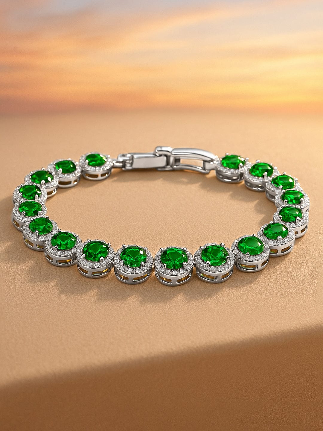 Rhodium-Plated Emerald Green & AAA Cubic Zirconia Studded Premium Tennis Bracelet - Green