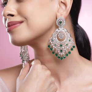 Rhodium-Plated Emerald Green AD & Cubic Zirconia Studded Chandelier Earrings
