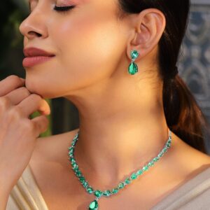 Rhodium-Plated Emerald Green AD & Cubic Zirconia Studded Necklace Set - Green