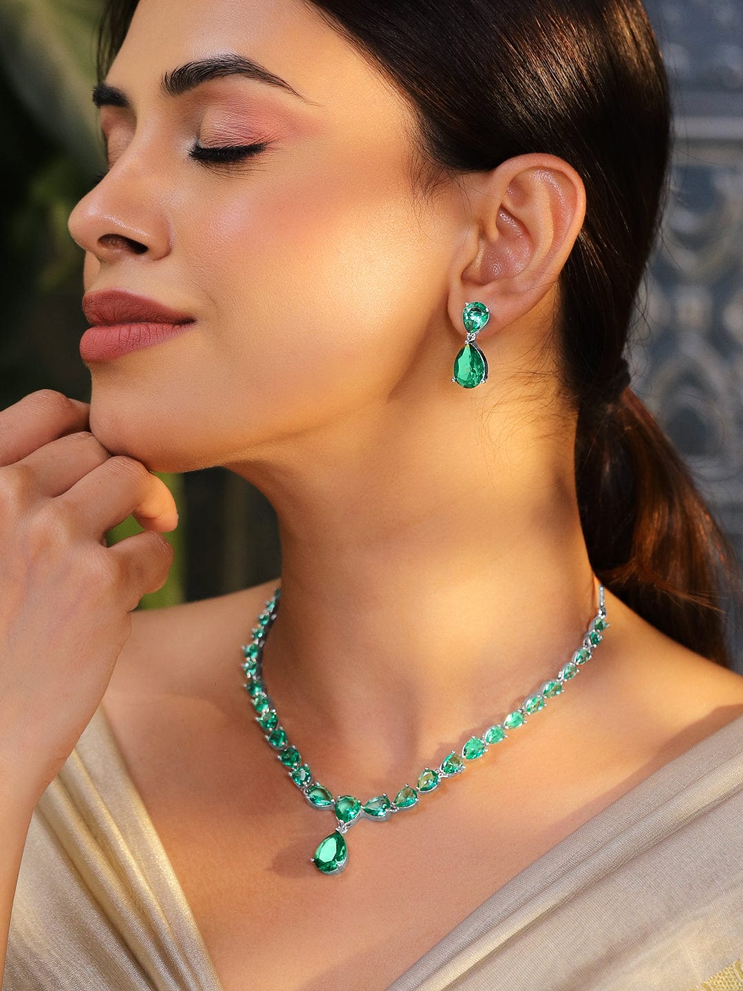Rhodium-Plated Emerald Green AD & Cubic Zirconia Studded Necklace Set - Green