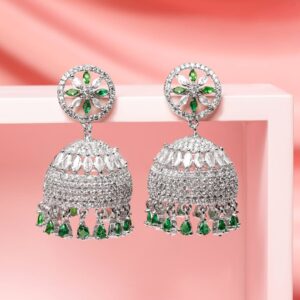 Rhodium-Plated Emerald Green AD Drop Beaded & Cubic Zirconia Studded Floral Jhumka Earrings