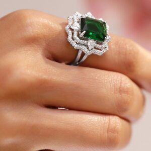 Rhodium-Plated Emerald Green and Cubic Zirconia Detailing Adjustable Statement Ring