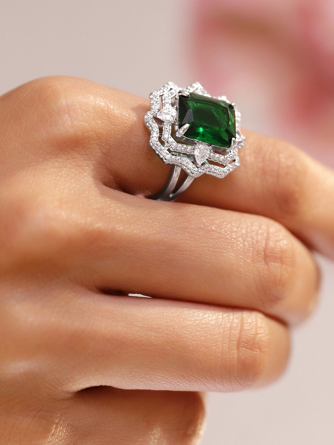 Rhodium-Plated Emerald Green and Cubic Zirconia Detailing Adjustable Statement Ring