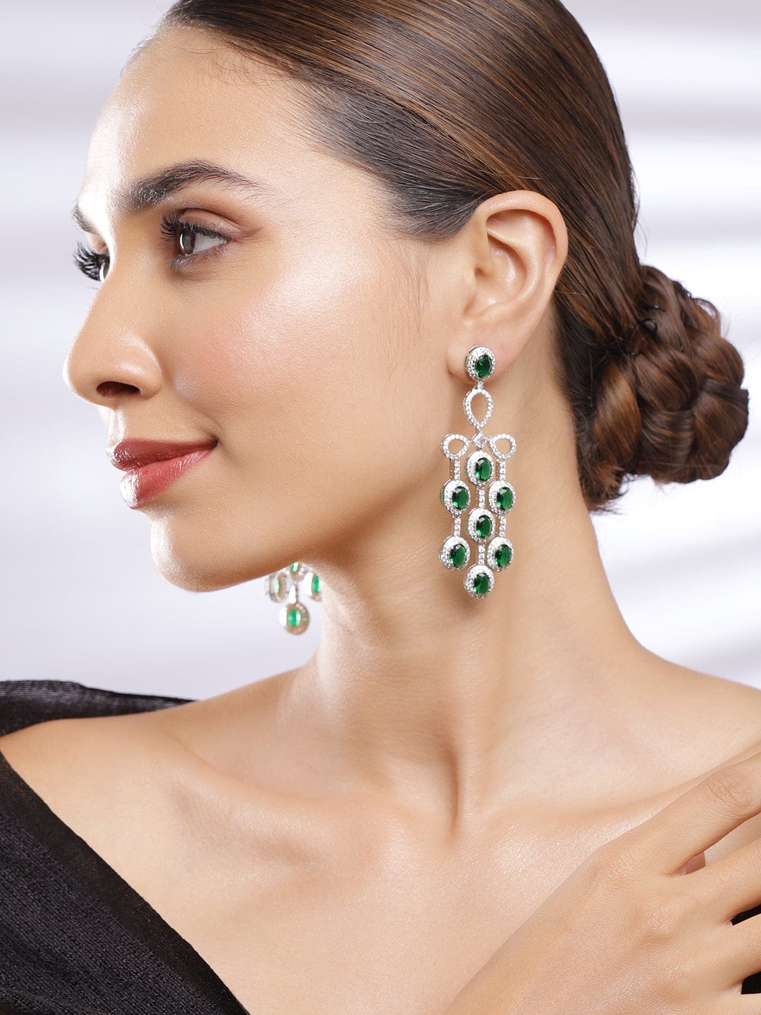 Rhodium Plated Emerald Green & Cubic Zirconia Studded Chandelier Earrings - Silver