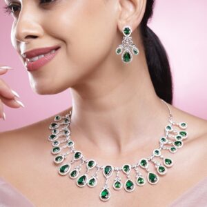 Rhodium-Plated Emerald Green & Cubic Zirconia Studded Premium Chandelier Necklace Set