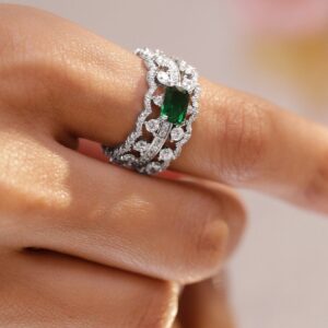 Rhodium-Plated Emerald Green Stone & Cubic Zirconia Adjustable Statement Ring