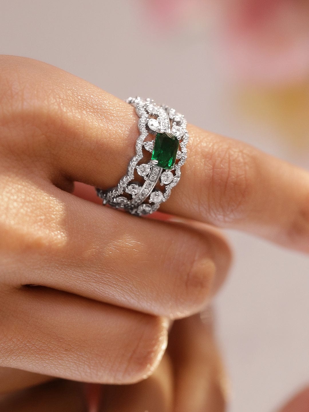 Rhodium-Plated Emerald Green Stone & Cubic Zirconia Adjustable Statement Ring