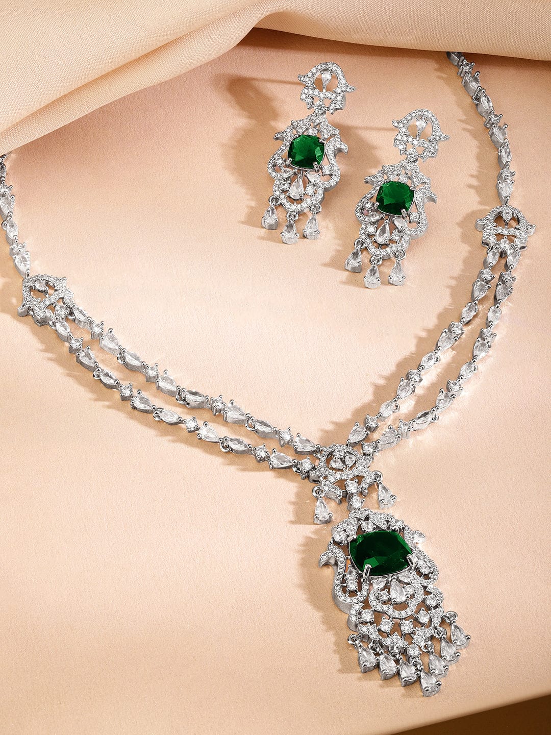 Rhodium-Plated Emerald Green & White AAA Cubic Zirconia Statement Jewellery Set